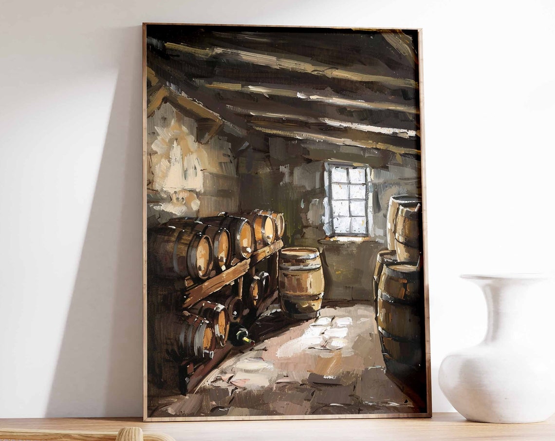 Rustic Wine Cellar Barrels Art Poster Moody Stone Interior Scene