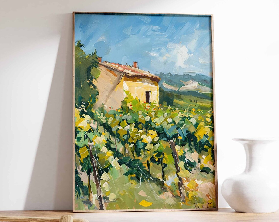 Impressionist Vineyard Farmhouse Art Poster Sunny Wine Country Scene