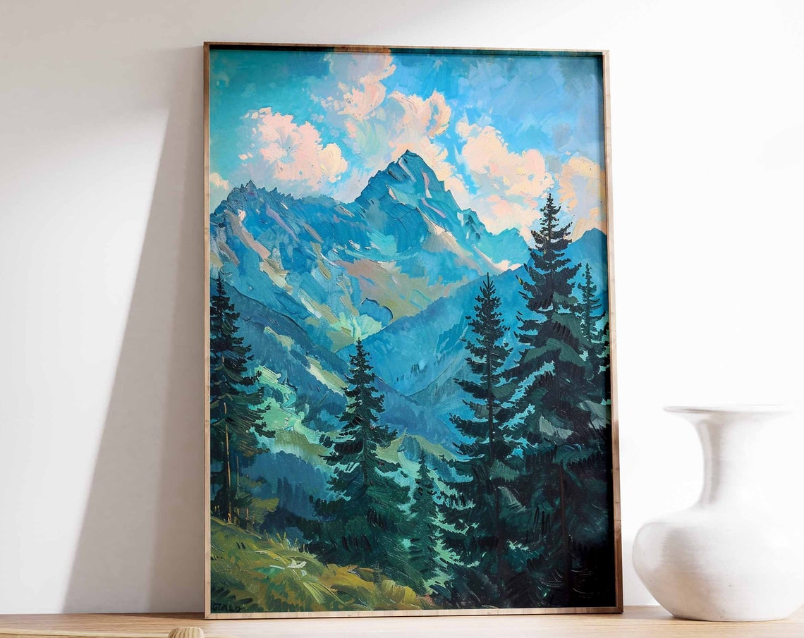 Dramatic Blue Mountain Peak Pink Sunset Clouds Pine Forest Print