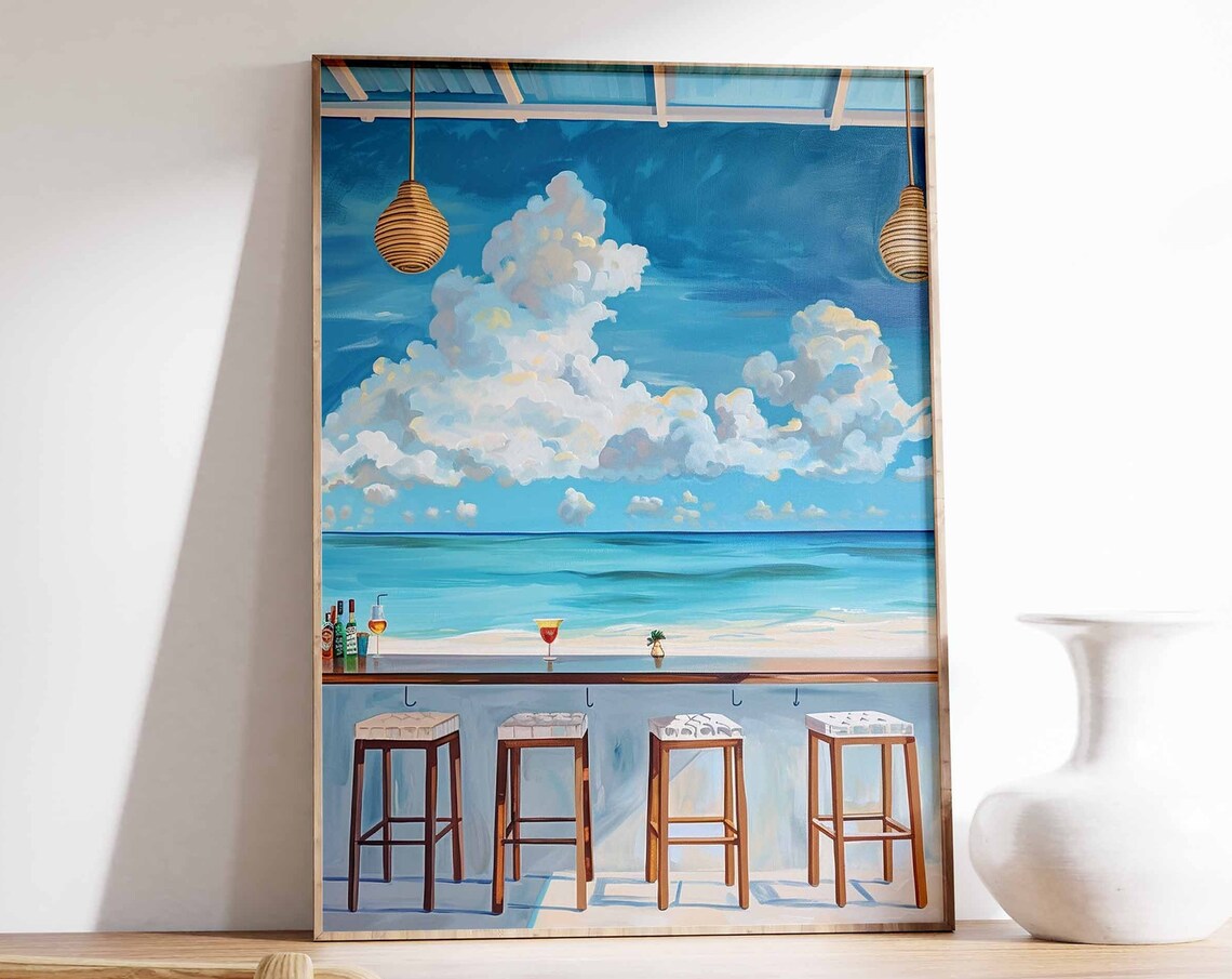 Tropical Caribbean Beach Bar Ocean View Cocktails Stools Art Print