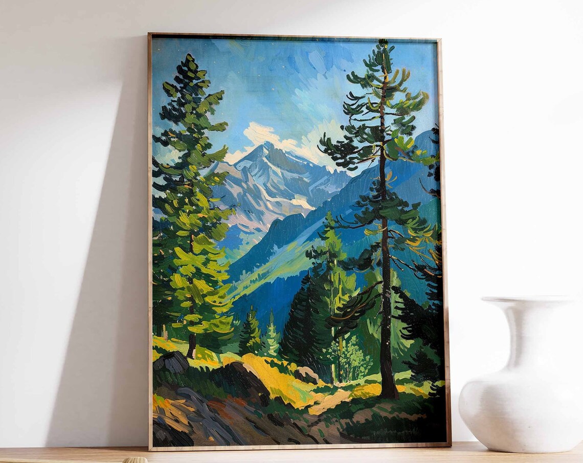 Two Tall Pines Framing Alpine Valley Golden Meadow Mountain Poster