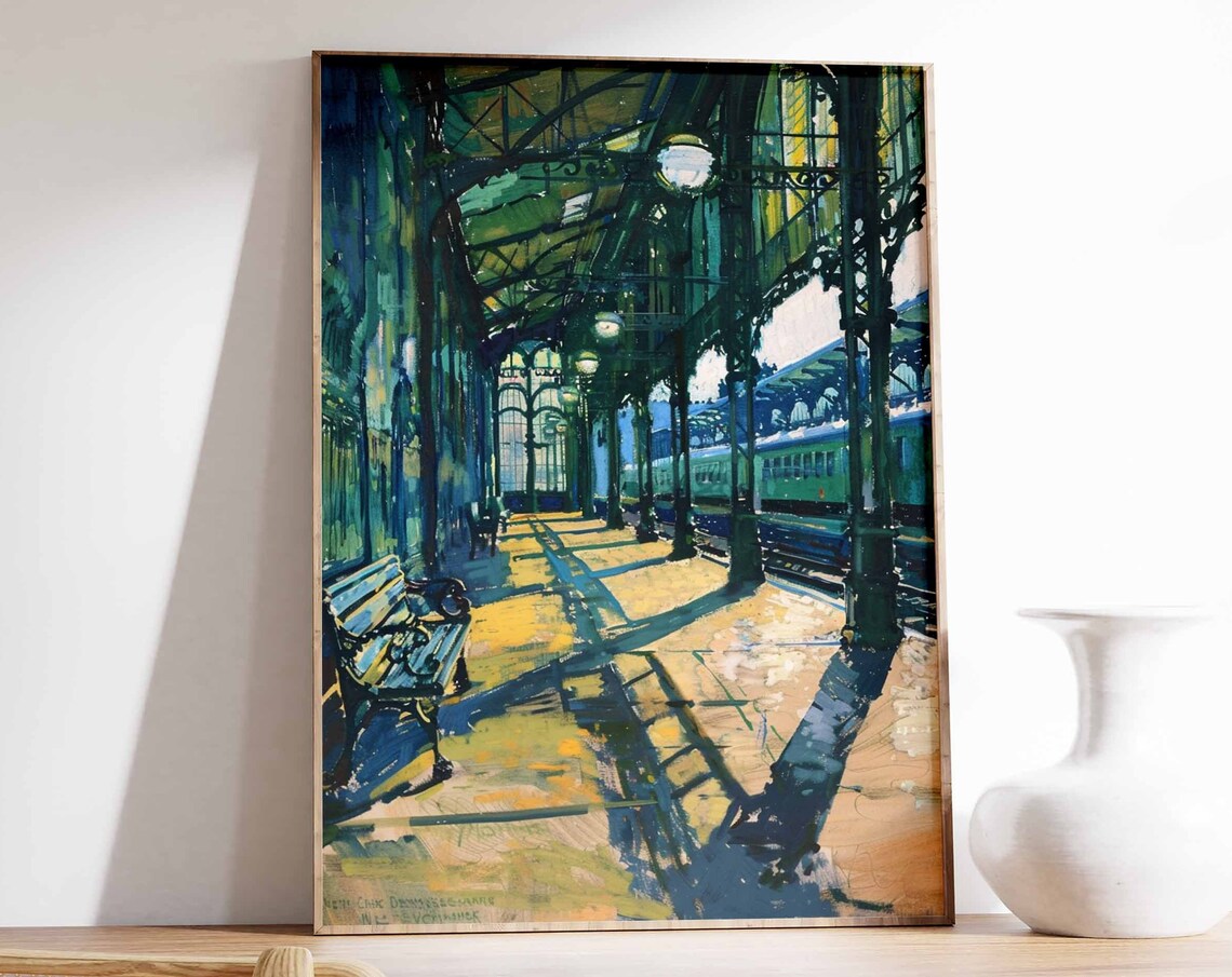 Vintage Railway Station Train Platform Impressionist Painting Poster