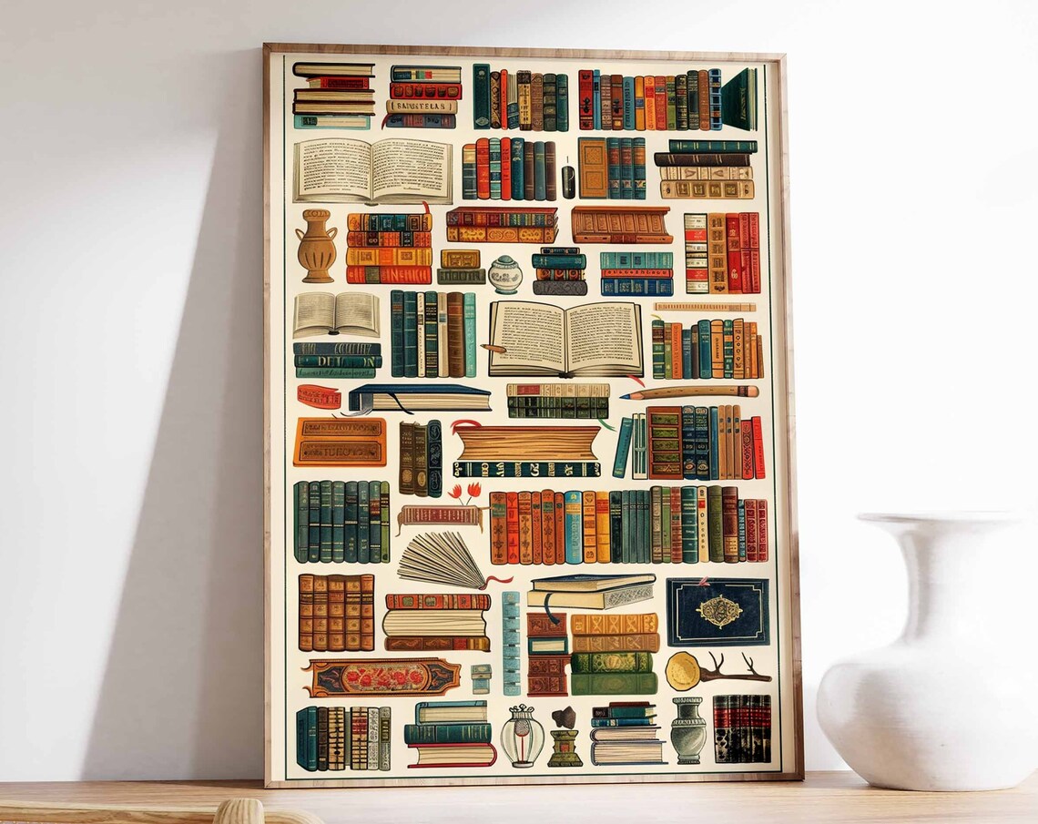 Vintage Library Book Spines Antique Bookshelf Collection Poster