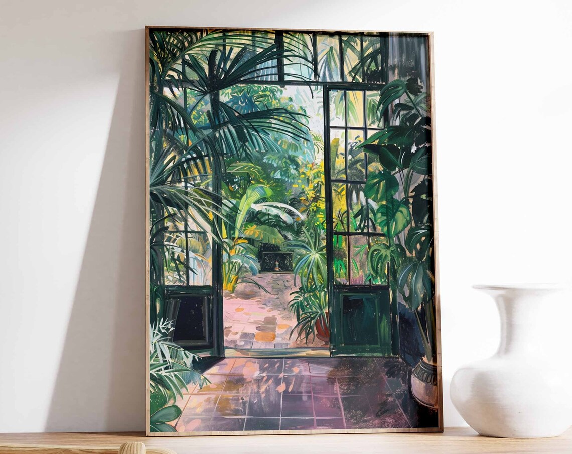 Sunlit Glasshouse Open Doors Lush Monstera Garden Painting Poster