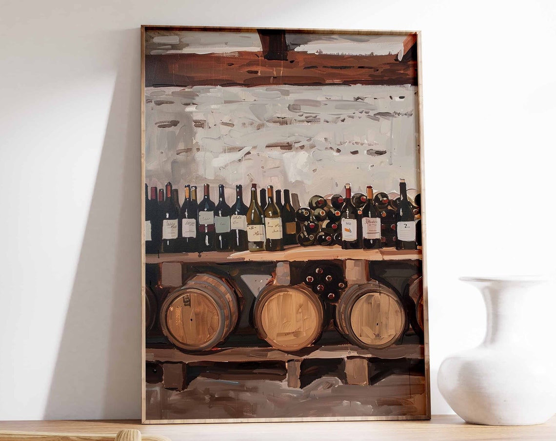 Rustic Wine Shelf Art Poster Bottles Barrels Old Cellar Wall Decor