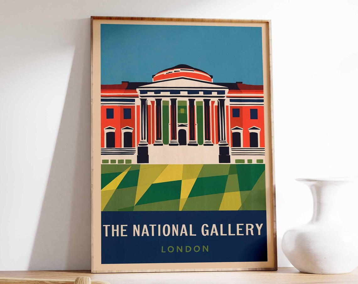 The National Gallery London Red Facade Retro Museum Travel Poster