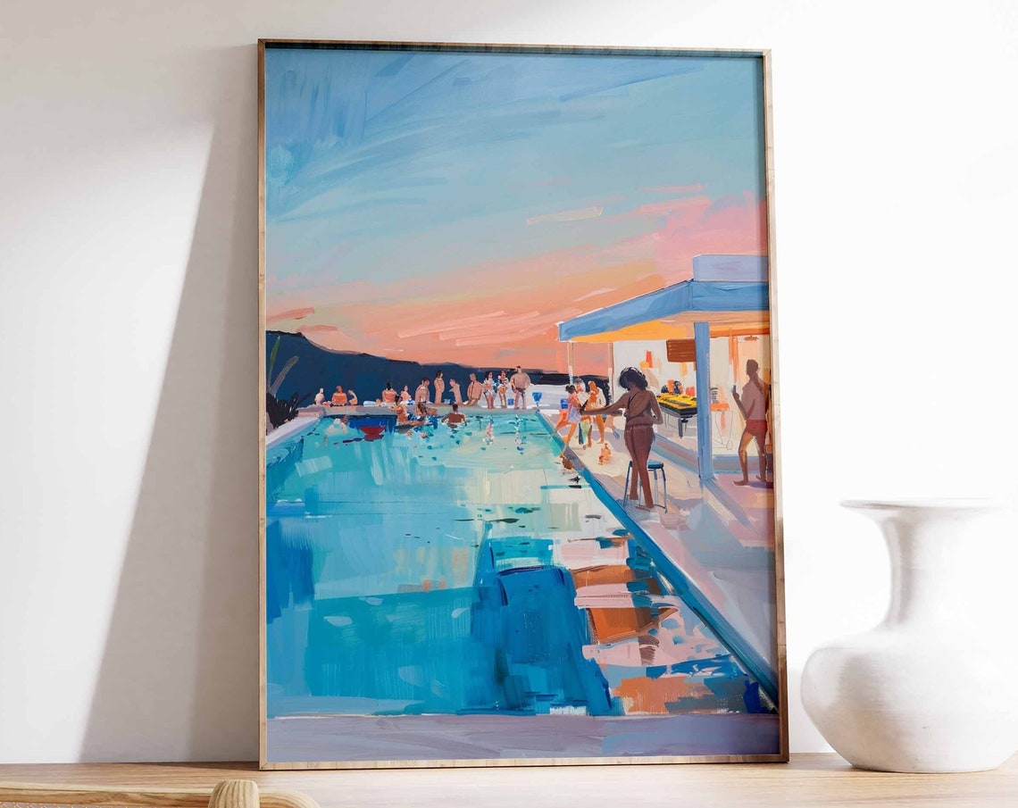 Sunset Pool Party With Guests Painterly Summer Scene Art Poster