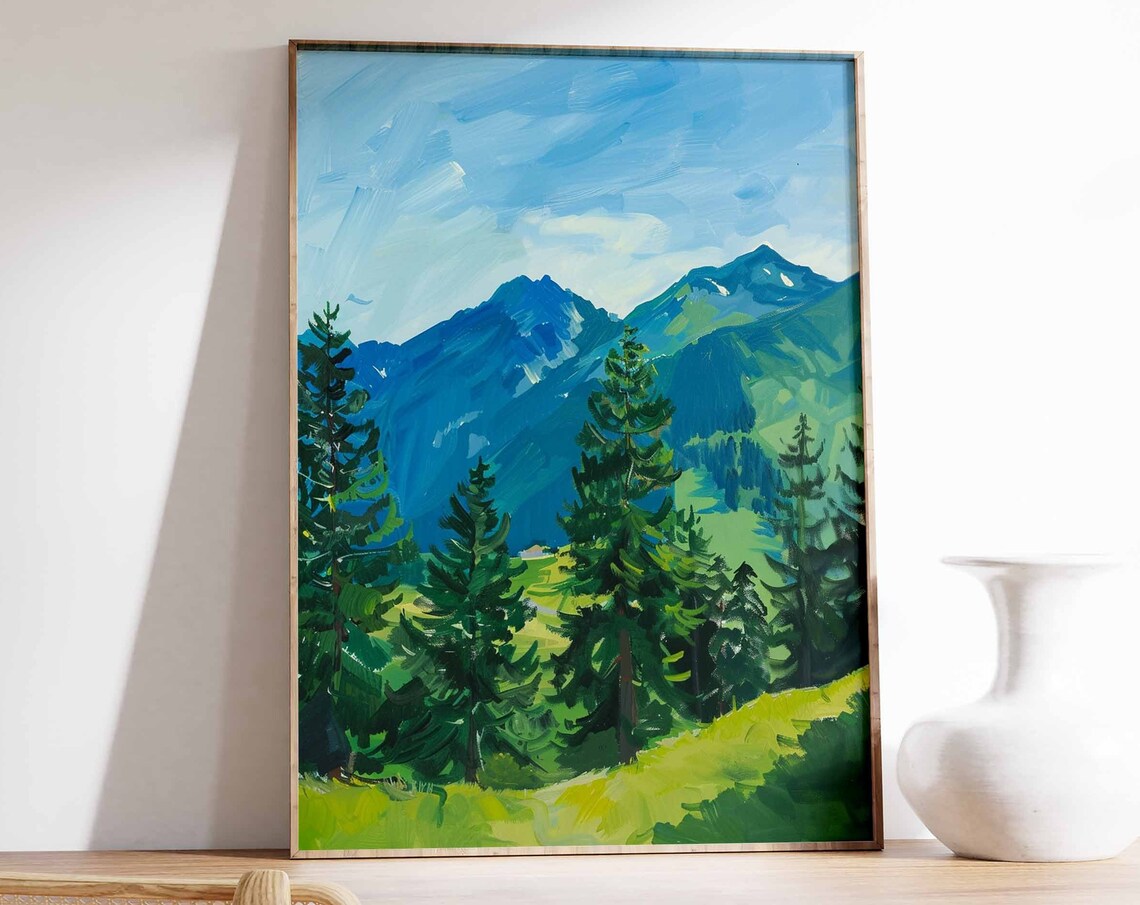 Sunny Alpine Meadow Evergreen Mountain Landscape Nature Art Print
