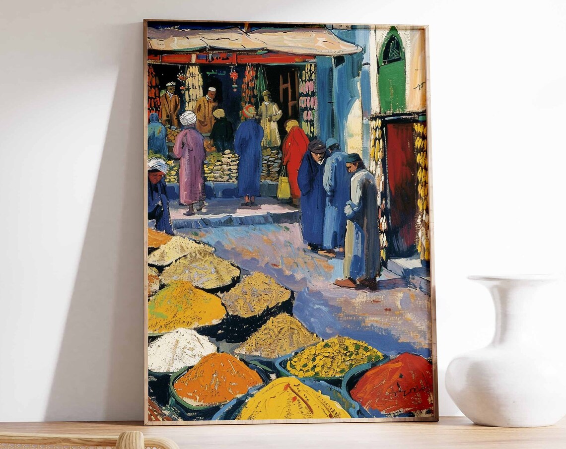 Spice Souk Market Crowd of Shoppers Vibrant Impressionist Poster