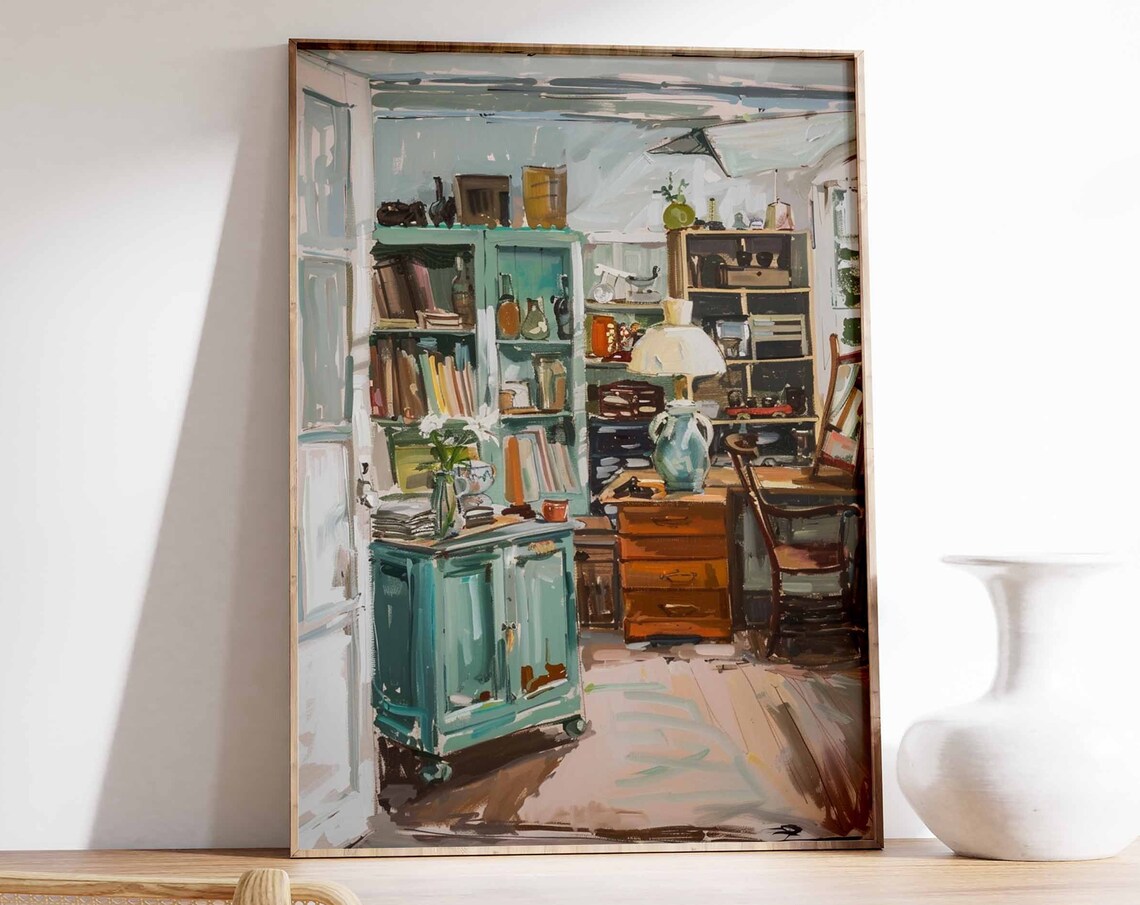 Cozy Vintage Study Interior Teal Cabinet Books Lamp Warm Print