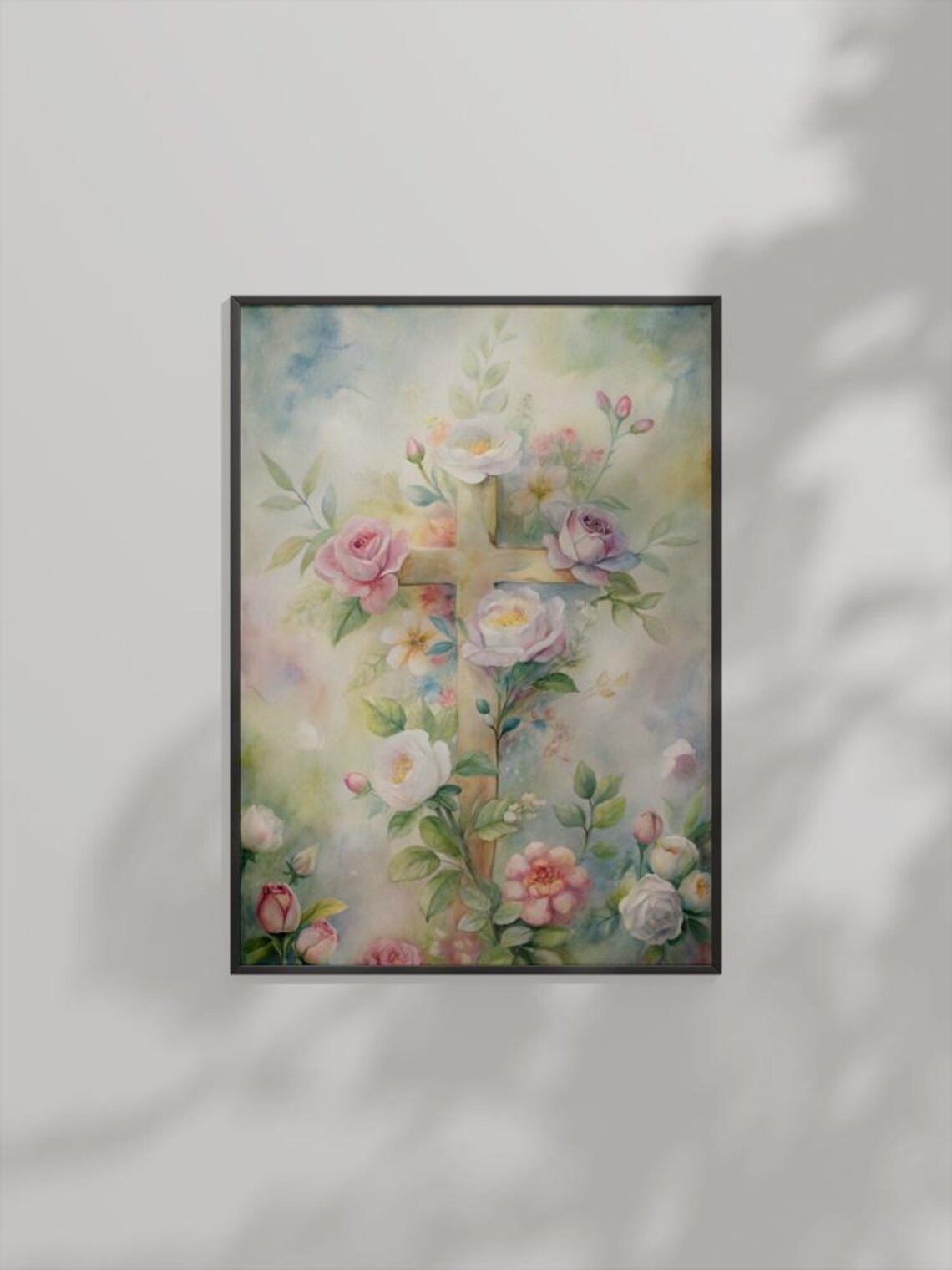 Golden Cross Entwined With Pastel Roses Floral Watercolor Poster