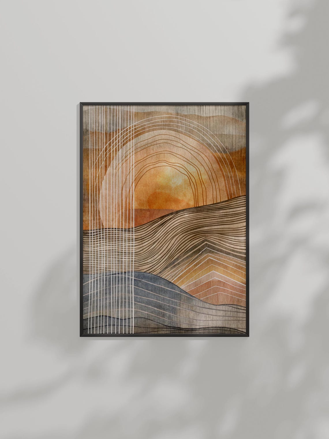 Abstract Sunset Art Arched Line Sun Over Wavy Earthtone Hills Poster