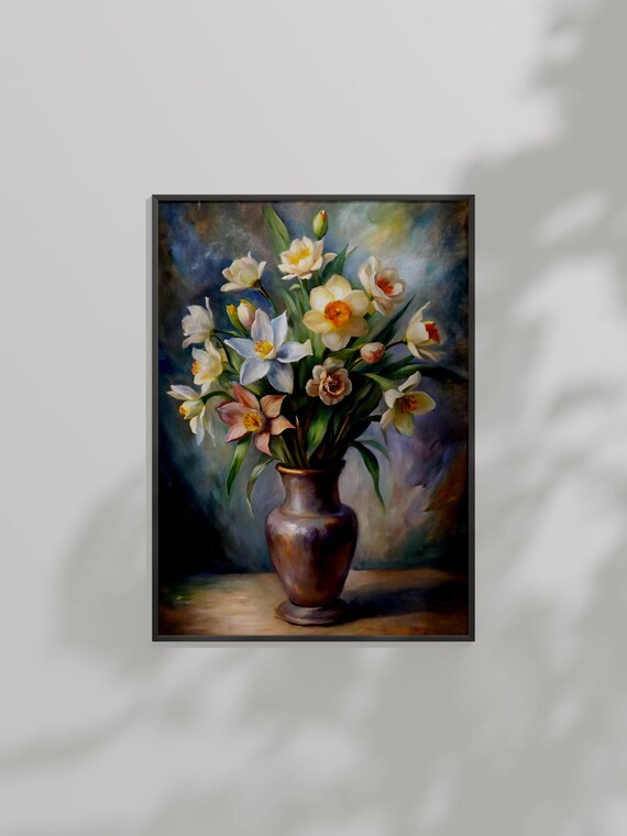 Spring Daffodil Bouquet Vase Classic Floral Still Life Oil Painting Poster