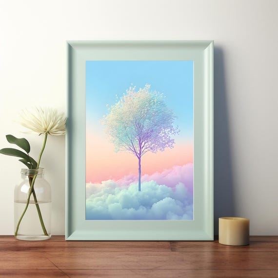 Ethereal Tree On Fluffy Cloud Dreamlike Art Print For Tranquil Wall Decor Instant