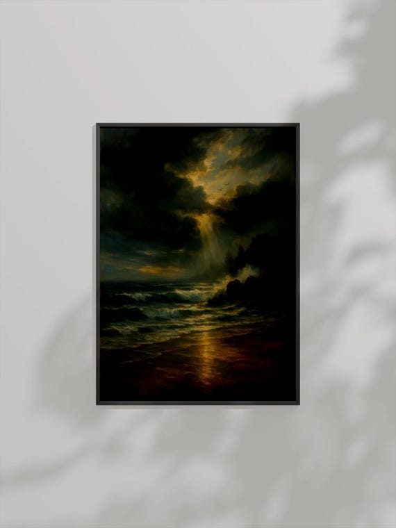 Stormy Coastal Sunset Wall Art Dramatic Ocean Landscape Print Moody Seascape Painting