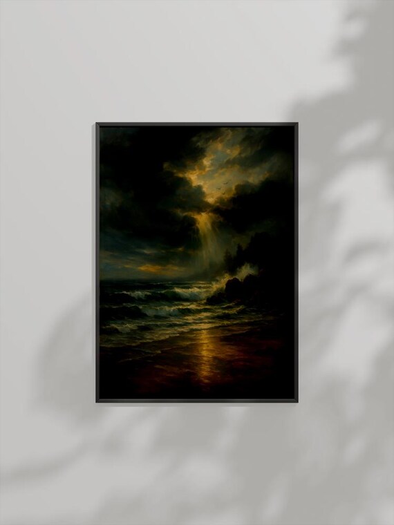 Stormy Ocean Sunset Classical Oil Painting Dramatic Dark Waves Poster