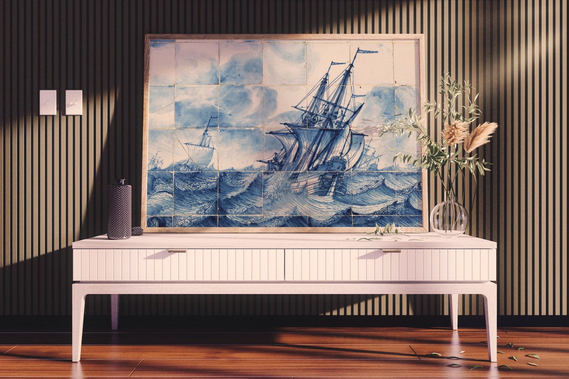 Blue and White Tile Mural of Tall Ships on Stormy Seas Poster - Image 2