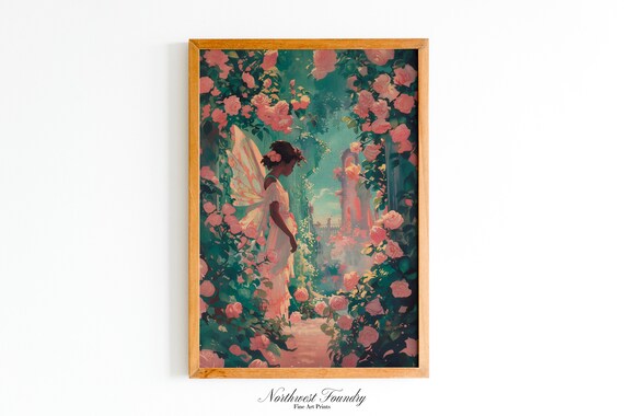 Fairy Beneath Pink Rose Garden Arch Vintage Storybook Poster