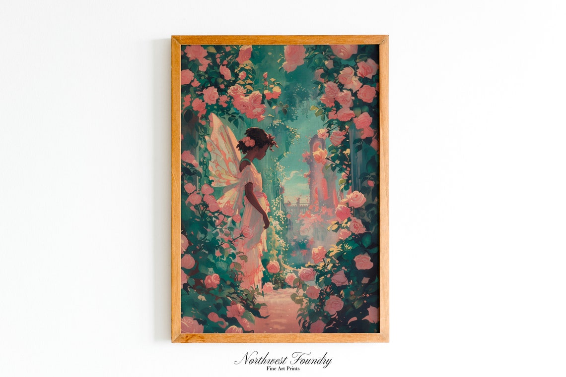 Fairy Beneath Pink Rose Garden Arch Vintage Storybook Poster