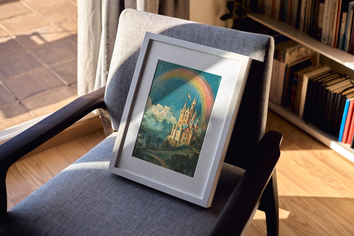 Fairytale Castle Under Rainbow Starry Night Vintage Postcard Poster - Image 2