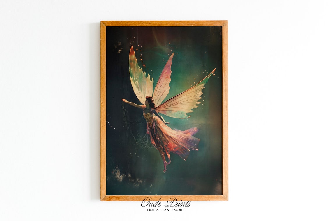 Ethereal Iridescent Fairy in Flight Dark Teal Vintage Postcard Poster