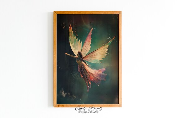 Ethereal Iridescent Fairy in Flight Dark Teal Vintage Postcard Poster