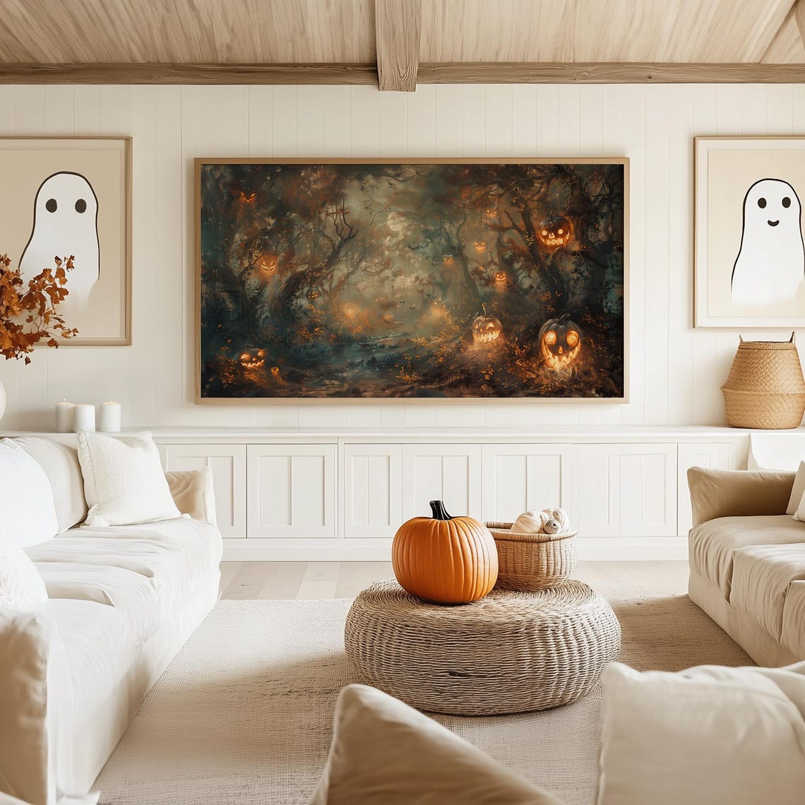 Misty Moonlit Forest With Floating Glowing Jack O Lantern Faces Poster - Image 5
