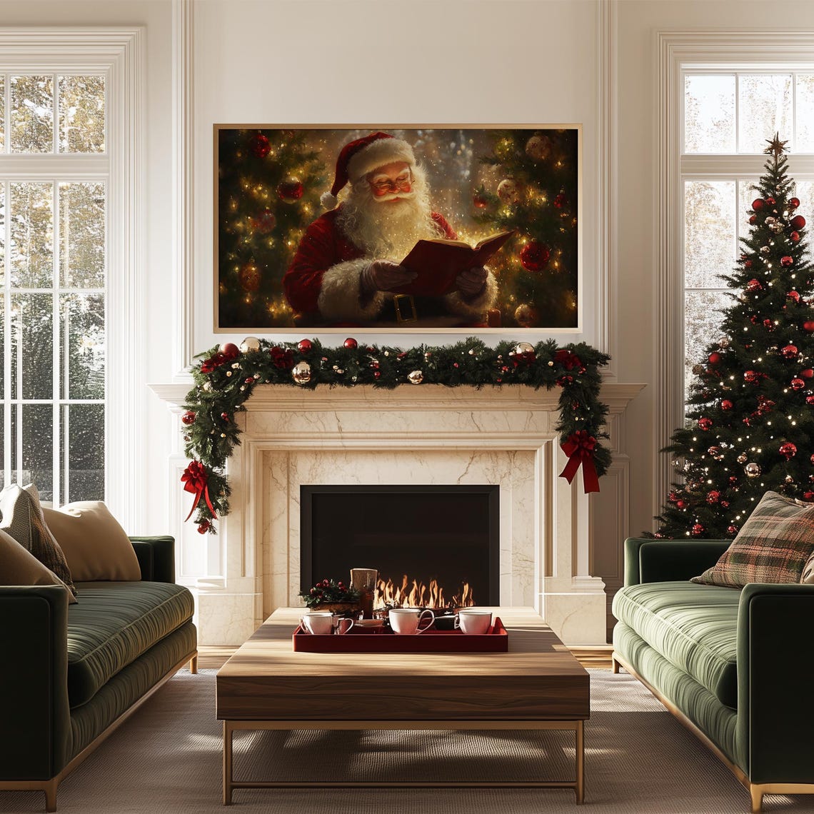Jolly Santa Reading a Book Before a Red and Gold Christmas Tree Poster - Image 5