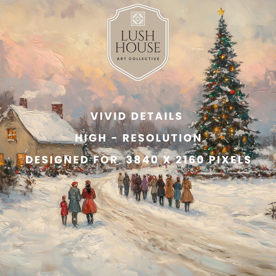 Snowy Village Gathering Around Christmas Tree Vintage Holiday Poster - Image 2