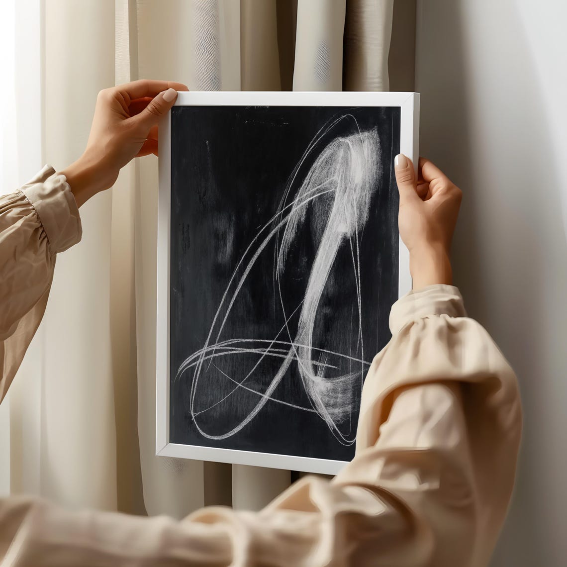White Chalk Line Scribbles on Black Minimalist Abstract Art Print - Image 2
