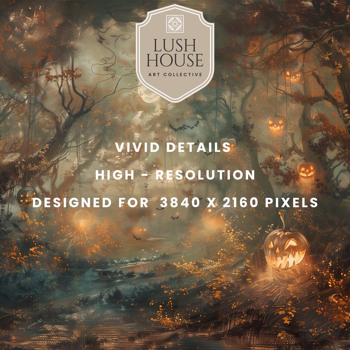 Misty Moonlit Forest With Floating Glowing Jack O Lantern Faces Poster - Image 3