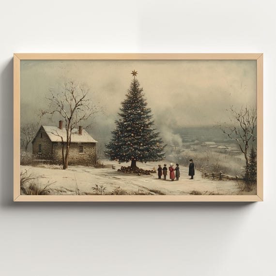 Vintage Christmas Tree Oil Painting, Holiday Art Print