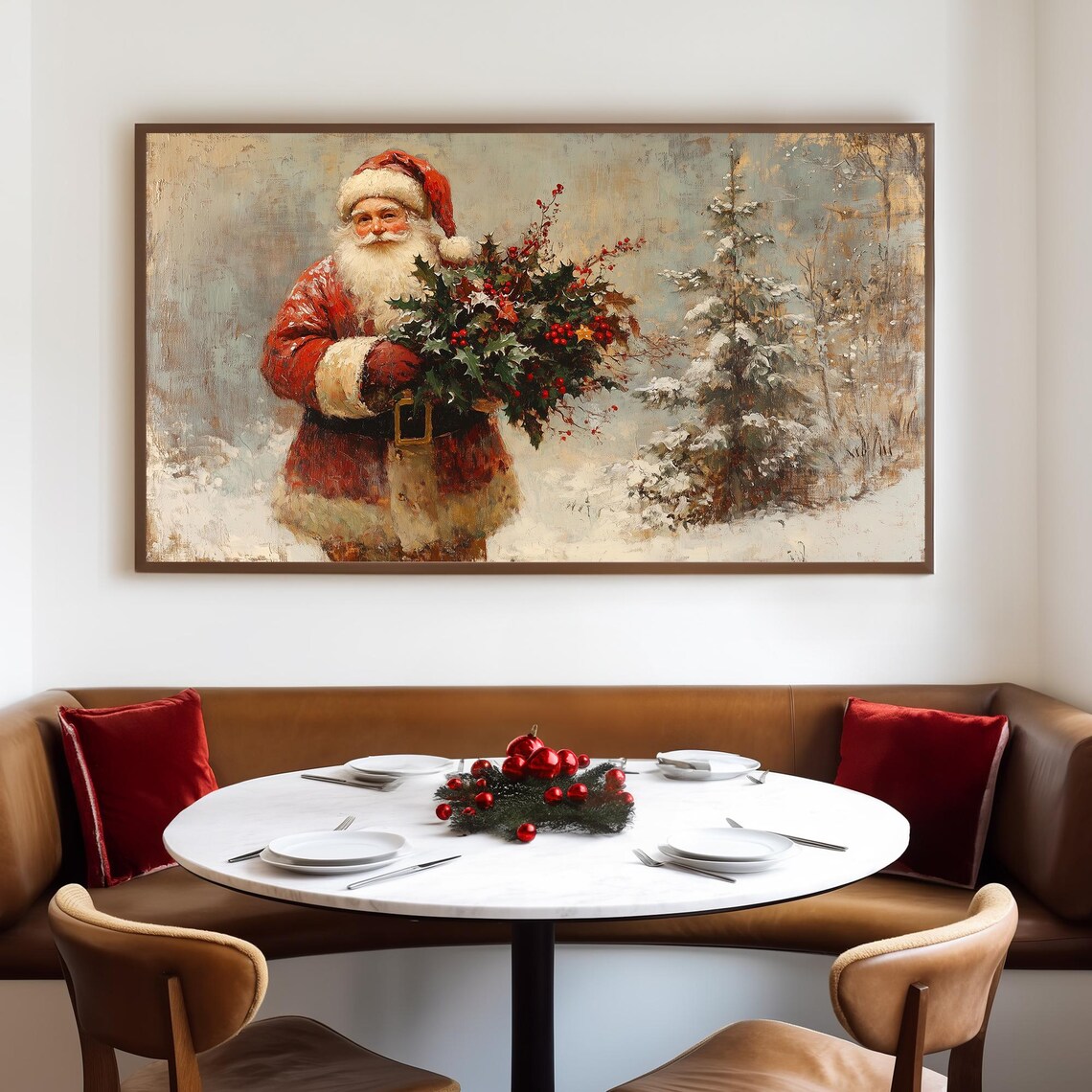 Vintage Santa Claus Carrying Holly Bouquet Snowy Landscape Art Poster - Image 4