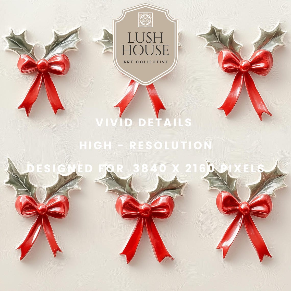 Ten Red Bows with Silver Holly on White Minimalist Christmas Wall Art - Image 2