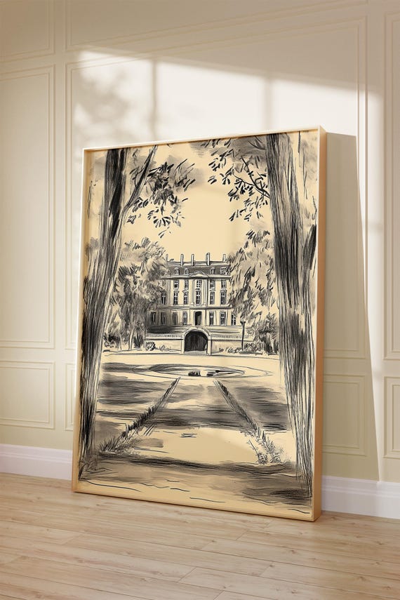 Vintage English Royal Garden Drawing Landscape Sketch Print Palace Wall Art Sketch Minimalist Sketch Neutral Vintage Sketch Ca1108