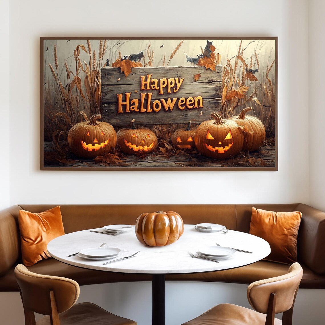 Happy Halloween Wooden Sign With Glowing Jack O Lanterns in Field Poster - Image 4