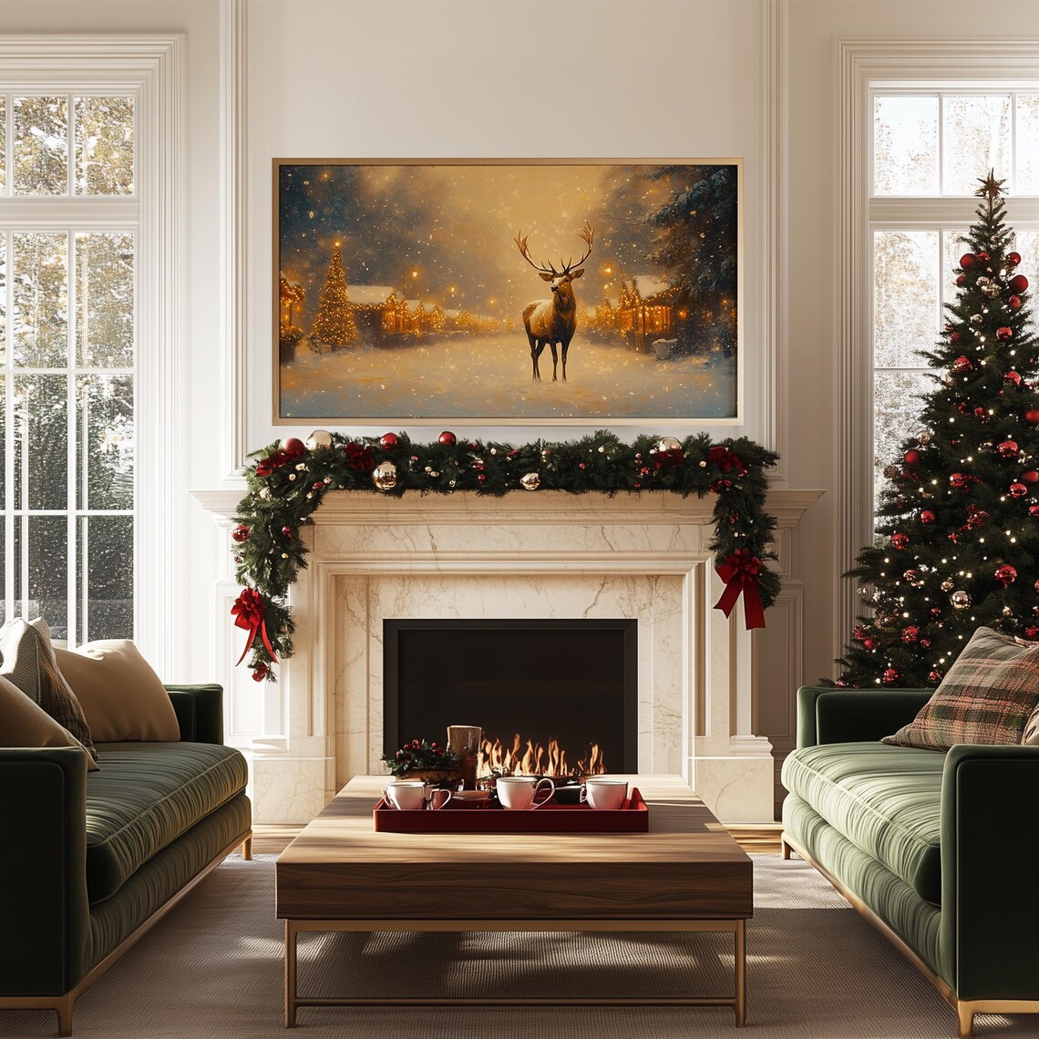 Majestic Stag In Snowy Christmas Market Street Vintage Art Poster - Image 5