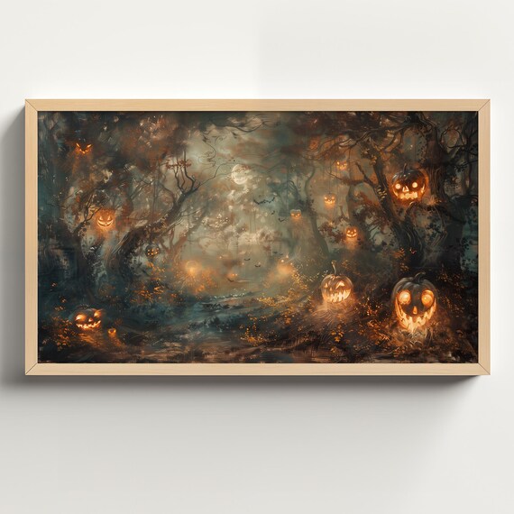 Misty Moonlit Forest With Floating Glowing Jack O Lantern Faces Poster