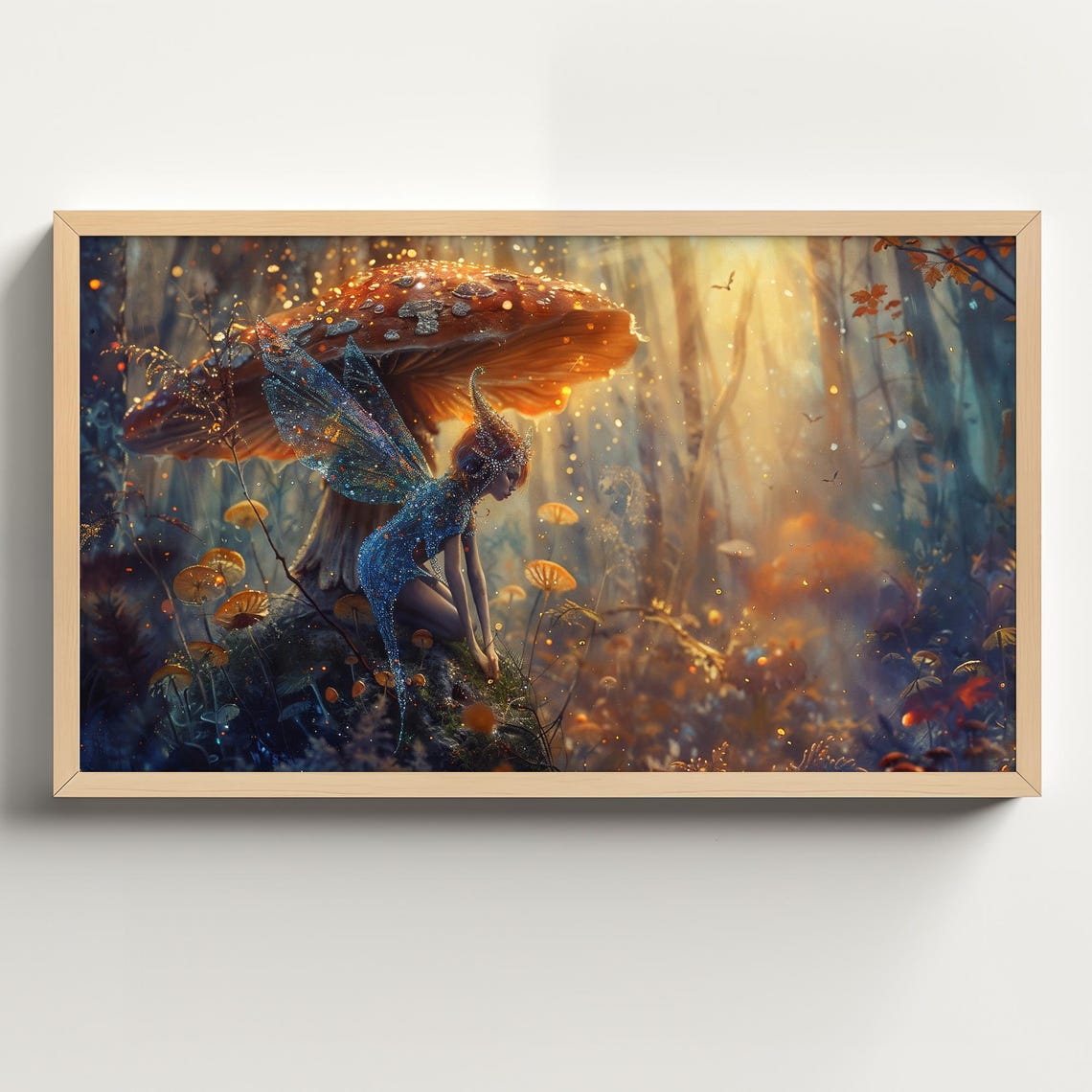 Sparkling Fairy Resting Under Giant Orange Mushroom in Forest Poster