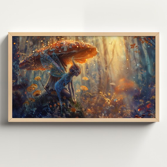 Sparkling Fairy Resting Under Giant Orange Mushroom in Forest Poster