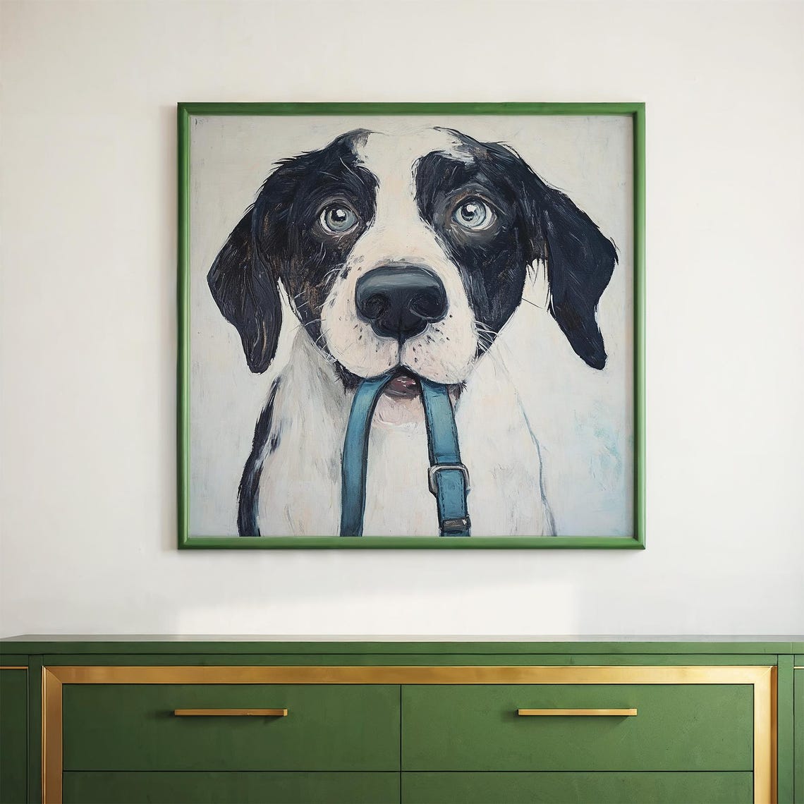 Expressive Dog Holding Blue Leash in Mouth Cute Pet Portrait Poster - Image 3