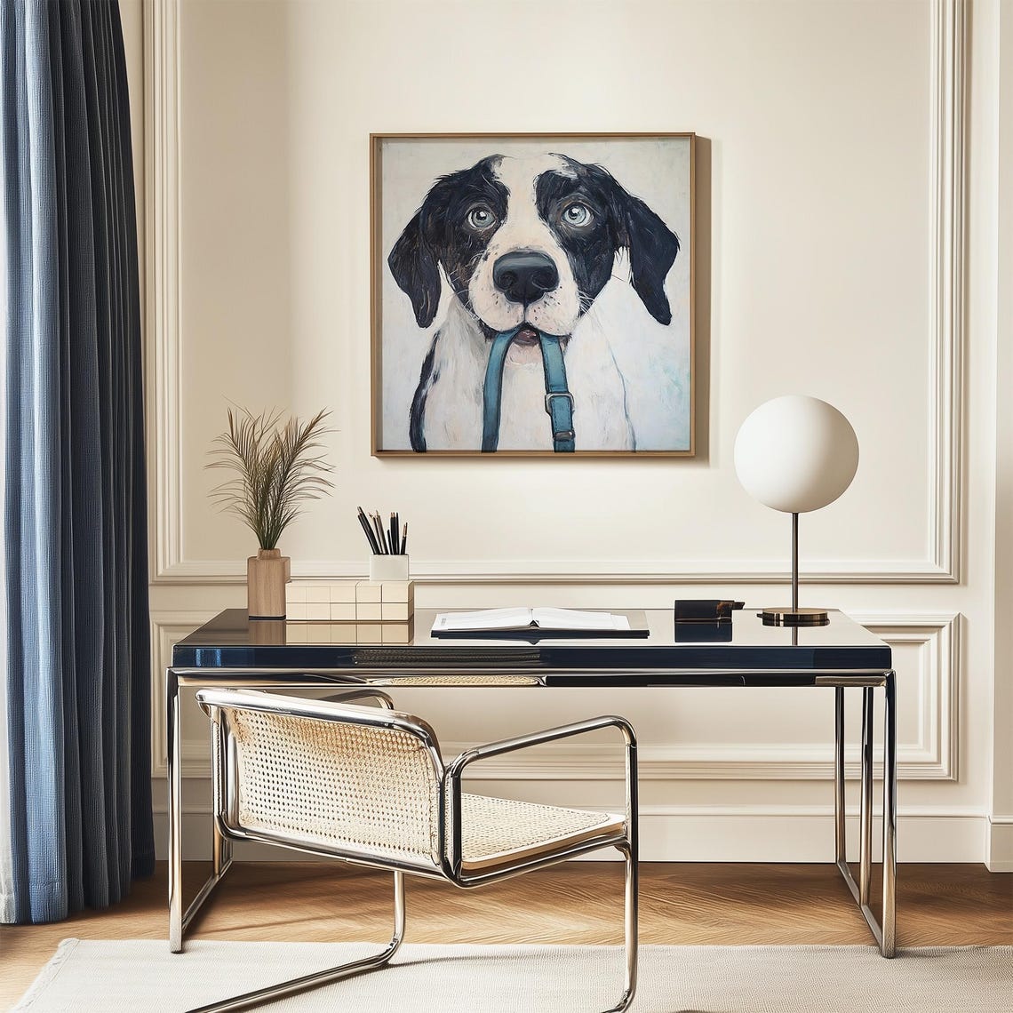Expressive Dog Holding Blue Leash in Mouth Cute Pet Portrait Poster - Image 4