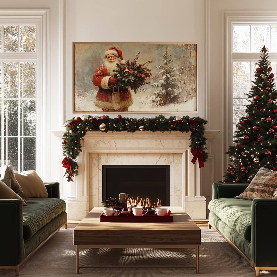 Vintage Santa Claus Carrying Holly Bouquet Snowy Landscape Art Poster - Image 5