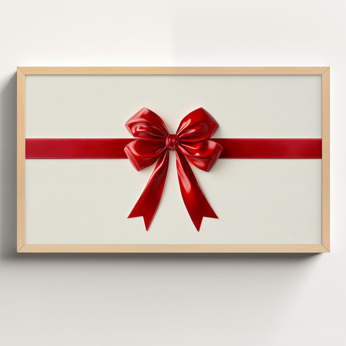 Glossy Red Ribbon Bow on Cream Gift Wrap Minimalist Holiday Poster