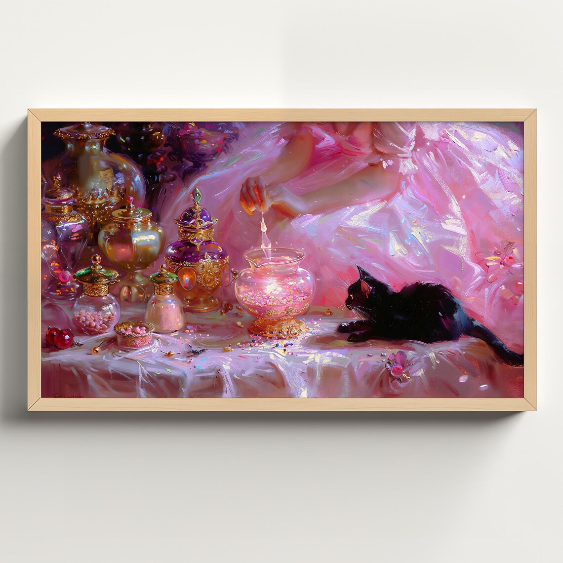 Pink Witch With Black Cat Halloween Art Print