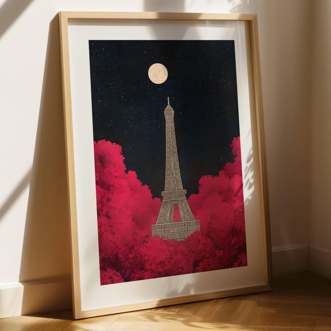 Eiffel Tower At Night Under Moon Pink Clouds Dreamy Paris Art Print