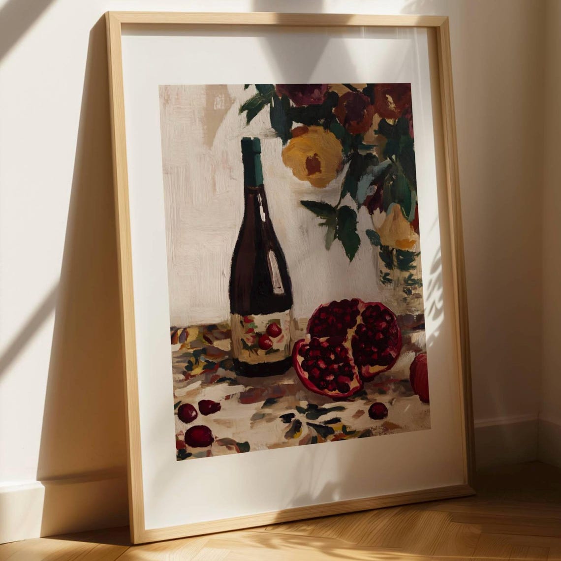 Wine Bottle Pomegranate Still Life Painterly Fruit Art Print