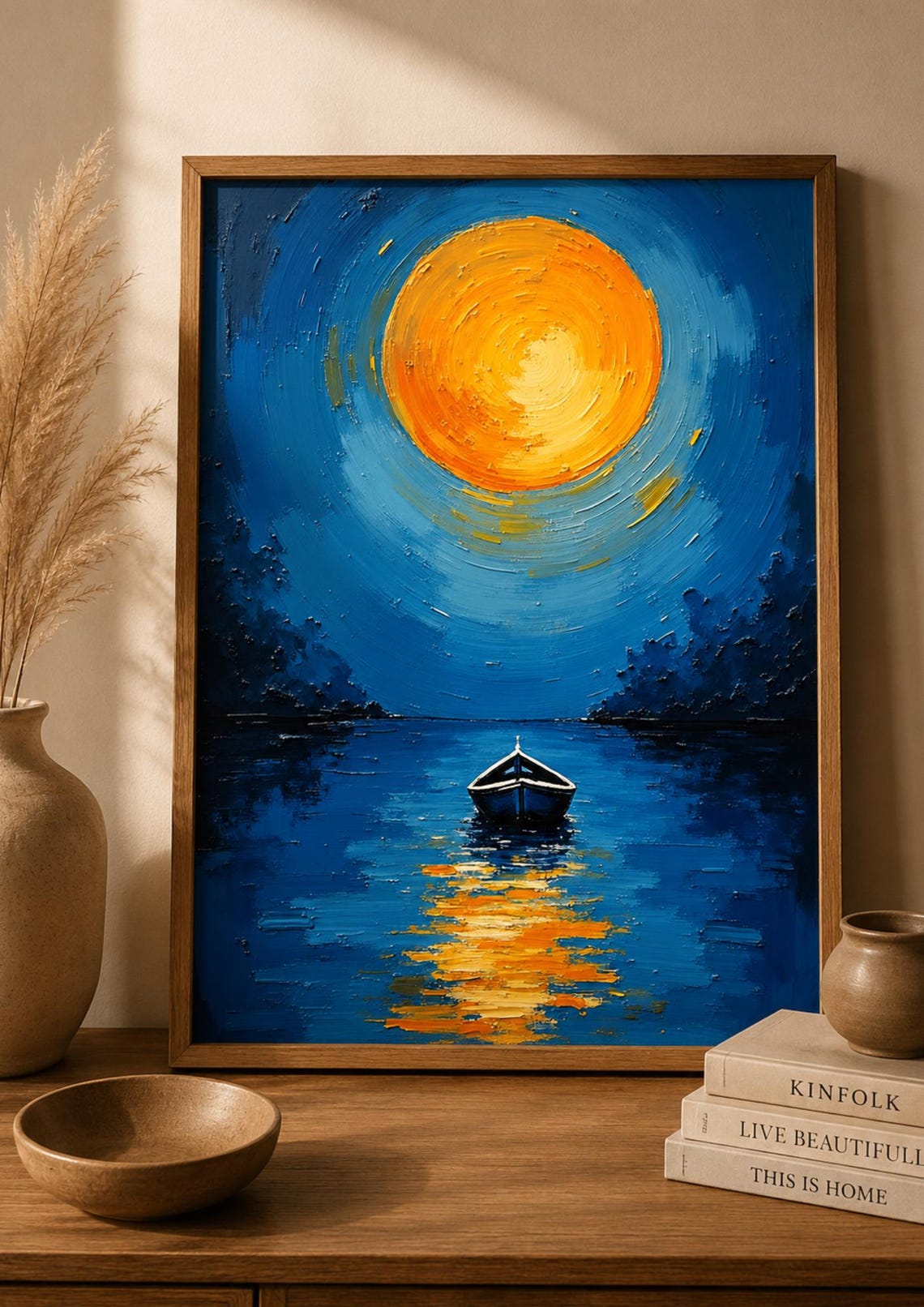 Moonlit Lake Wall Art Print Boat Night Landscape Poster Blue Moon Painting Serene Waterside Home Decor