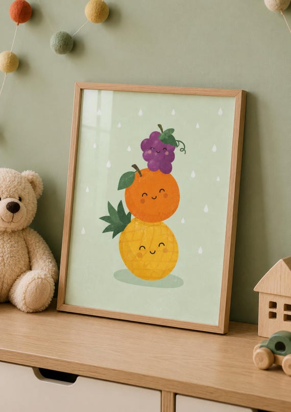 Cute Fruit Nursery Wall Art Print Kawaii Pineapple Orange Grape Poster Playroom Decor Kids Room Gift