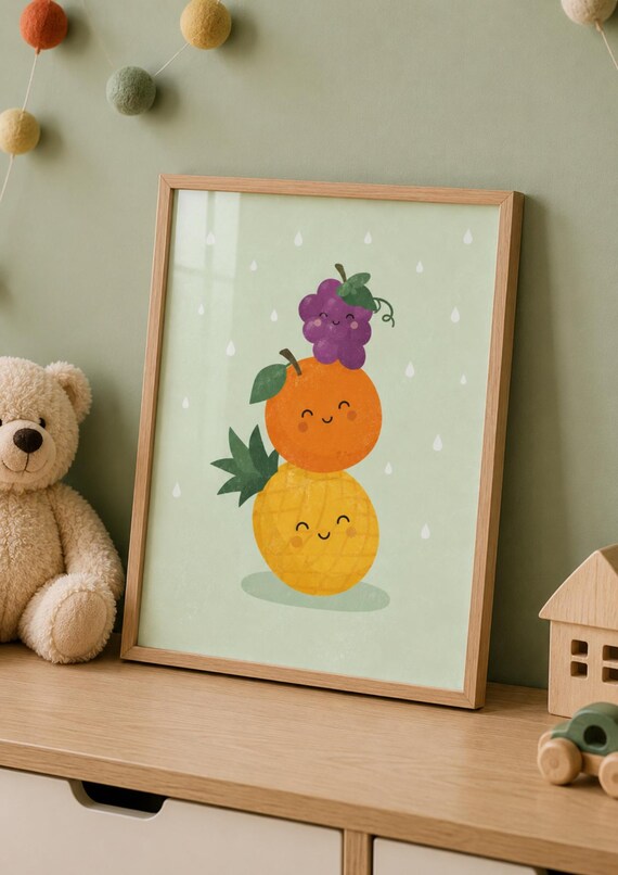 Kawaii Fruit Stack Pineapple Orange Grape Nursery Art Poster